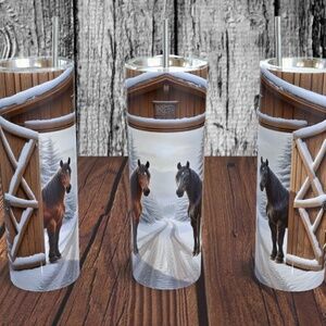 Horses with Winter Scene and Barn 20 oz Skinny Tumbler